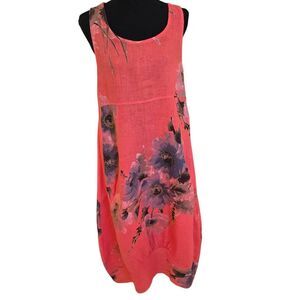 Gigi Moda Womens Watercolor Floral Sleeveless Linen Luna Midi Dress Coral OS
